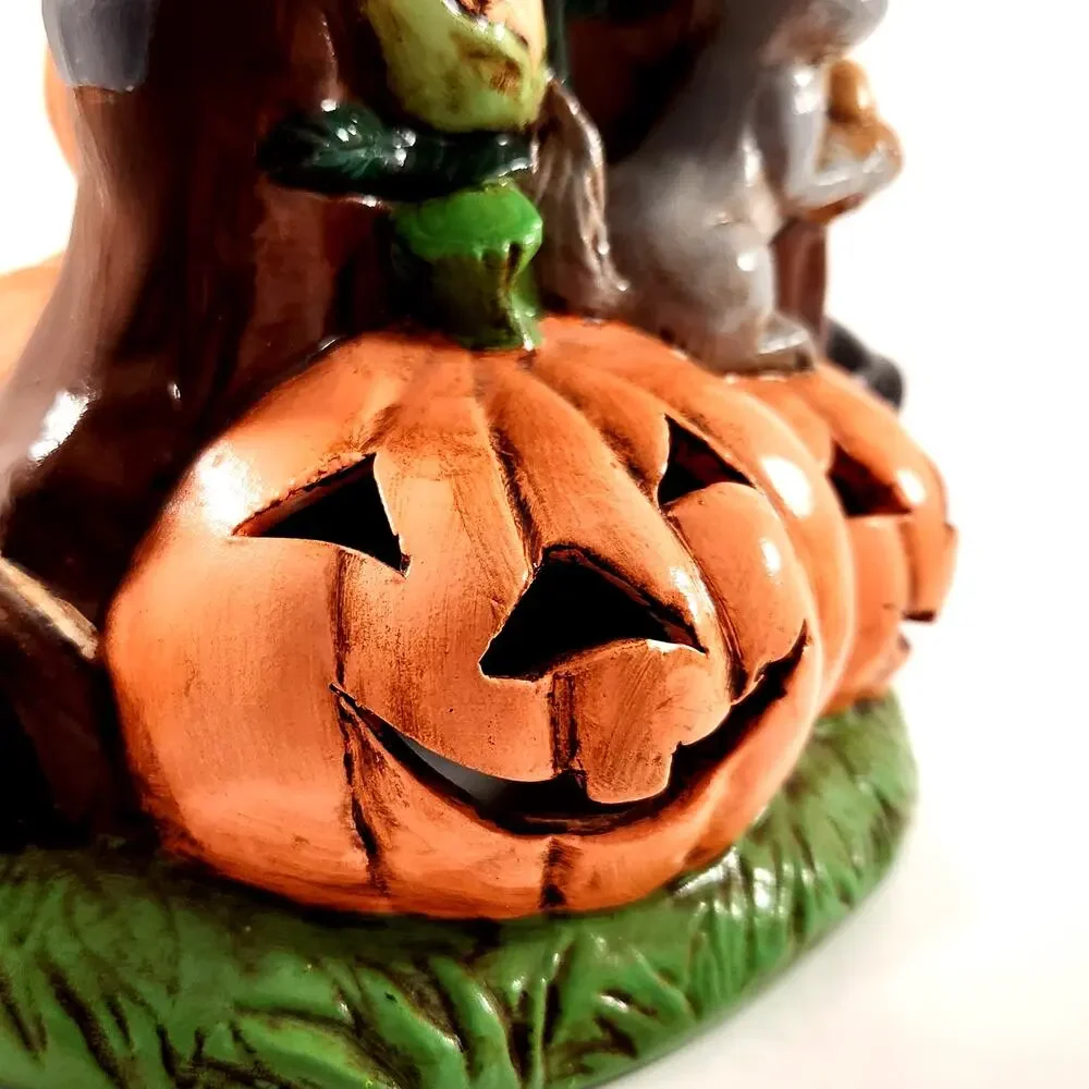 Vintage Ceramic Scarecrow & Pumpkin Luminary | 1970s/80s Halloween Decor